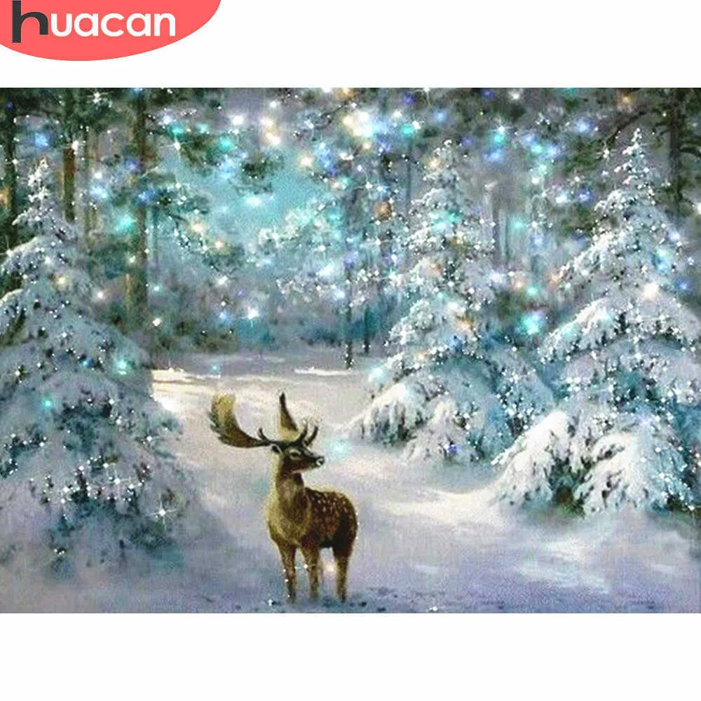 Huacan 5D DIY Jul Diamond Painting Deer Mosaic Winter Brodery Cross Stitch Heminredning