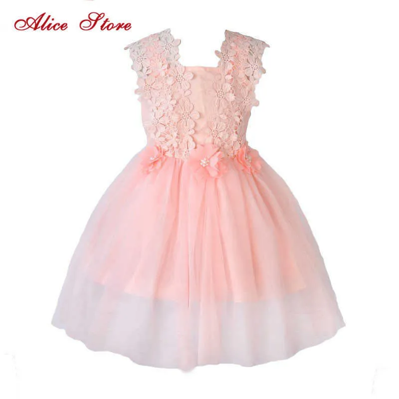 Alice Flower Girl New Party Dress Summer Girl's Tulle Dress Flower Applique Decorazione in vita Tank Dress Q0716