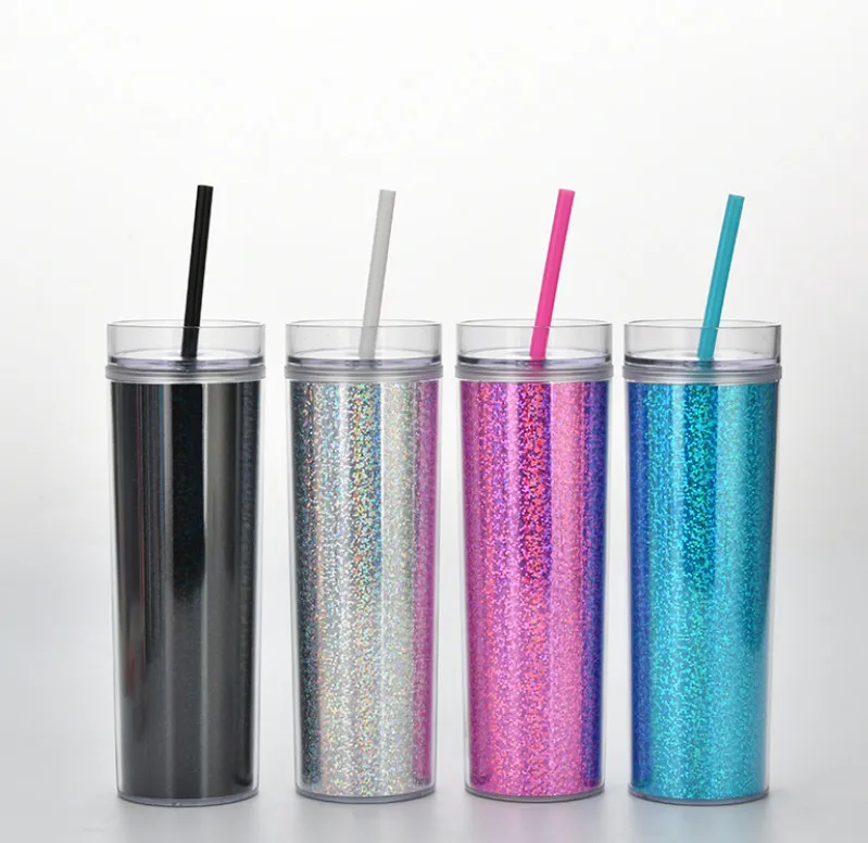 De nieuwste 16 oz dubbele laag plastic stro koffie mok, symfonie laser drink style waterkop, ondersteuning aangepast logo