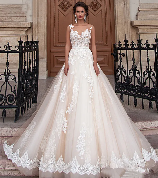 Transparante halslijn trouwjurk kanten parel jurk sexy rug matig bruids retro mila nova champagne prinses vestido de novia