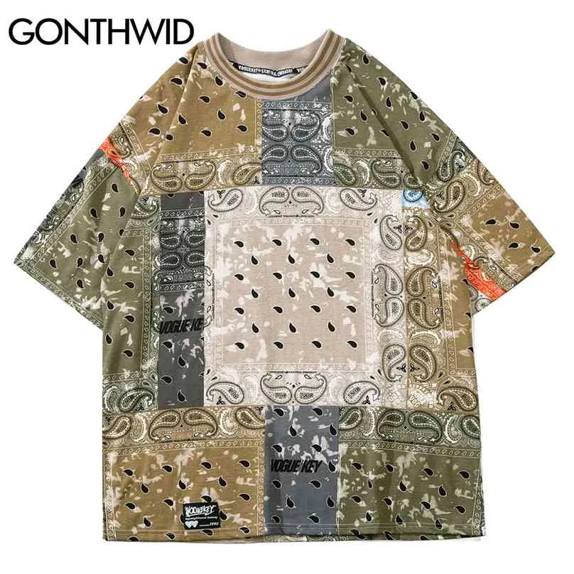 Tshirts Streetwear Hip Hop Bandana Paisley Pattern Print Färgblock T-shirts Mens Harajuku Casual Cotton Loose Toppar 210602