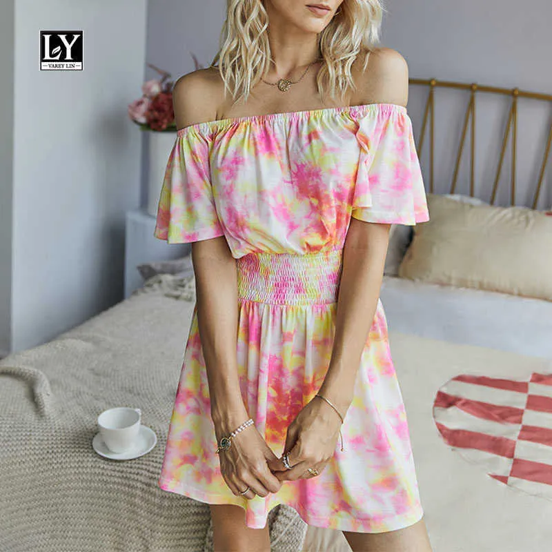 Ly Varey Lin Summer Sweet Tie Dyed Dresses Women Off Shoulder Slash Neck Elastisk Hög midja Lös Casual Mini Dress 210526