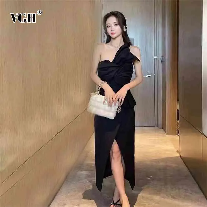 Black Asymmetrical Dress For Women One Off Shoulder Sleeveless High Waist Split Sexy Maxi Dresses Female Fashion Summer 210531