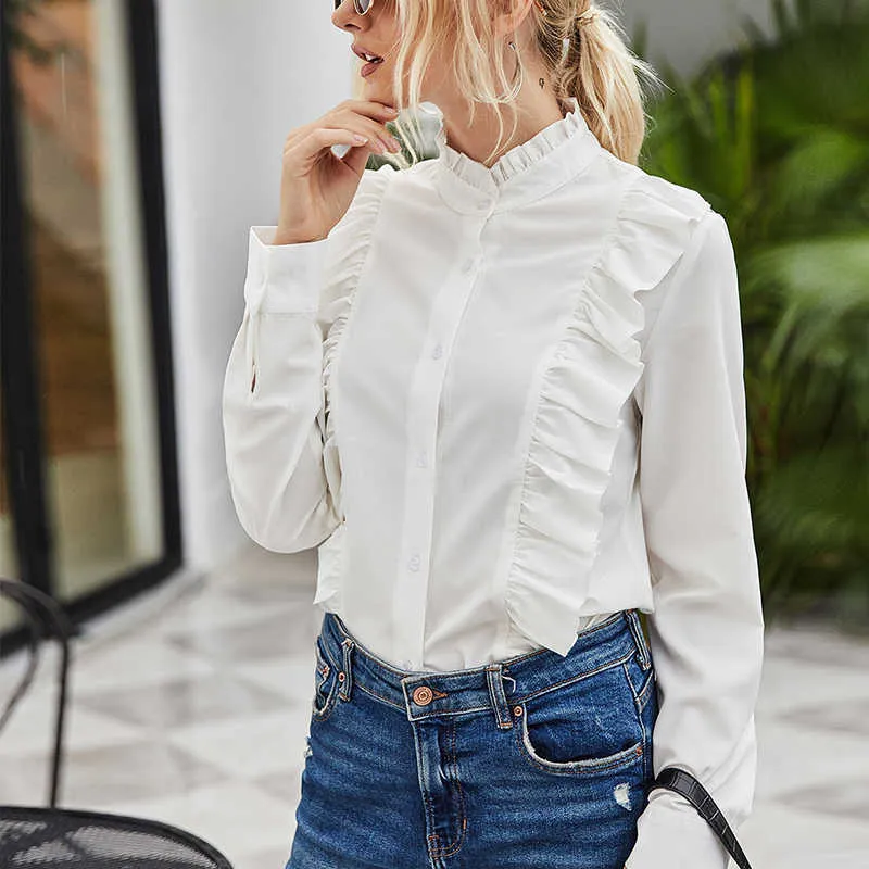Camisa elegante de manga larga con volantes para mujer blusa blanca de un solo pecho con cuello levantado blusa de oficina para mujer Chemise Femme