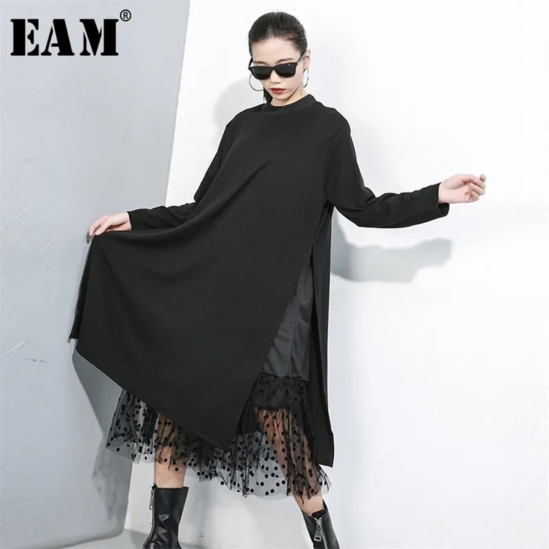 [EAM] Mujeres Negro Malla Dot Split Joint Vestido Nuevo Stand Collar Manga Larga Loose Fit Moda Marea Primavera Otoño 210303