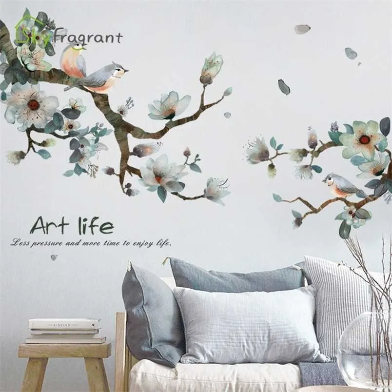 Hand Painted Ink Flower Stickers Warm Home Decor Living Room Tv Background Wall Decor Bedroom Decor Self-adhesive Wall Sticker 211124