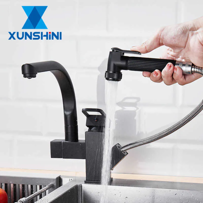 XUNSHINI 360 Rotation Kitchen Faucet with Pull Out Spray Two handle and Cold Kitchen Sink Mixer Washer Dishwasher 210724