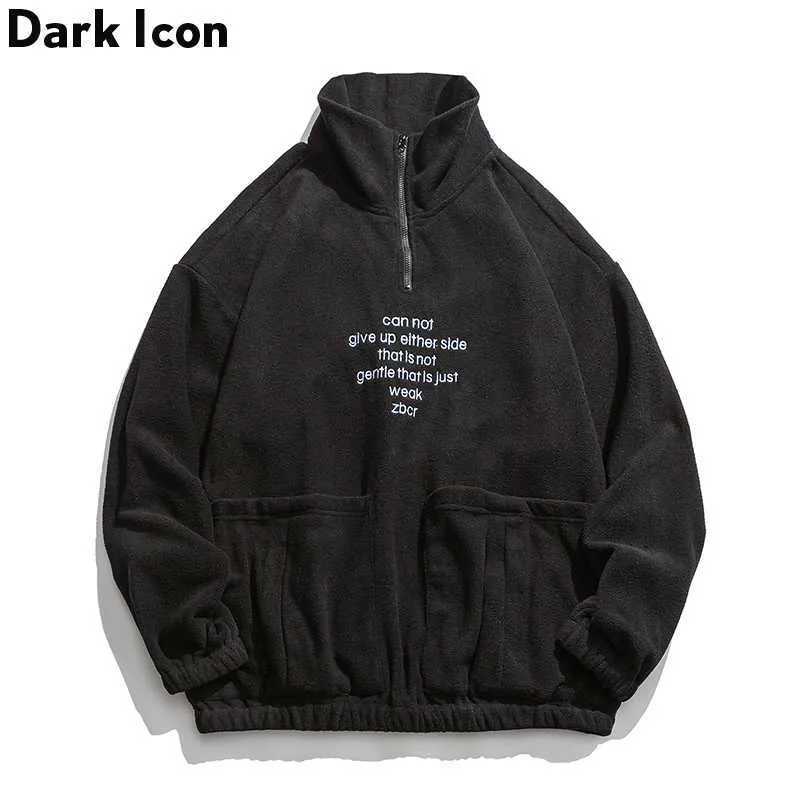 Dark Icon Front Half Zipper Fleece Street Sweat-shirt Homme Pull Hip Hop Sweat-shirt Streetwear Sweat-shirt pour homme Blanc / noir T200917