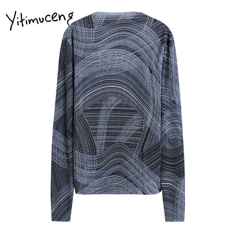 Yitimuceng Woman Tshirts Comfortable Vintage Tops Blue Line Long Sleeve Pullover Fashion O-neck Clothing Casual Korean 210601