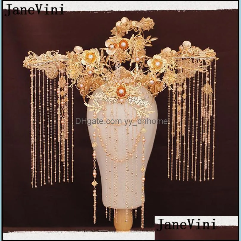 Hair Clips & Barrettes JaneVini Chinese Style Hyperbolic Wedding Imperial Crown Luxurious Gold Long Tassel Pearls Bridal Headband Earrings