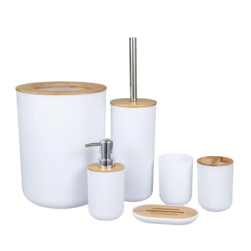 Bath Accessory Set 6pcs/set Toothbrush Holder Kit Toiletry Supplies Practical Mouthwash Cup Trash Can Bathroom Bamboo And Wood