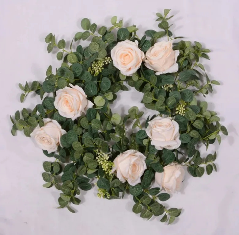 Decoraciones de boda, plantas artificiales, flores, guirnalda de eucalipto con rosas blancas, hojas verdes, telón de fondo, decoración de mesa de pared para fiesta