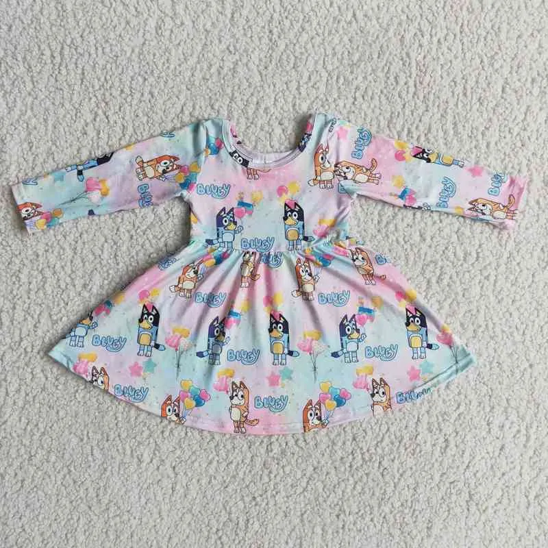 Красочный мультфильм платье маленькая девочка милый щенок печать детская одежда с длинным рукавом платье для девочек G1215