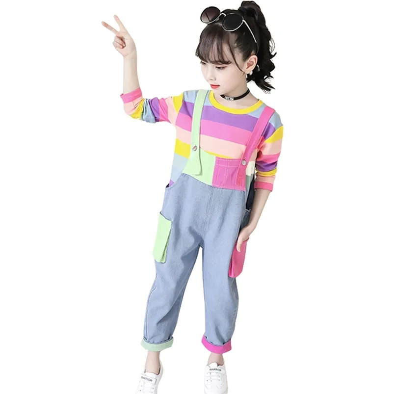 어린이 옷 무지개 스웨터 + 소녀를위한 점프 슈트 의상 패치 워크 세트 의류 캐주얼 어린이 tracksuits 210527