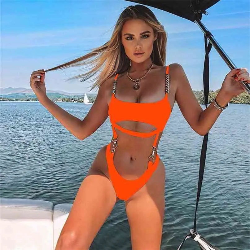 Brazilian Swimsuit String Monokini Sexy Neon High Cut Bikini Bandeau Swimwear Ring Chain Bodysuits Swimming Suit 210702