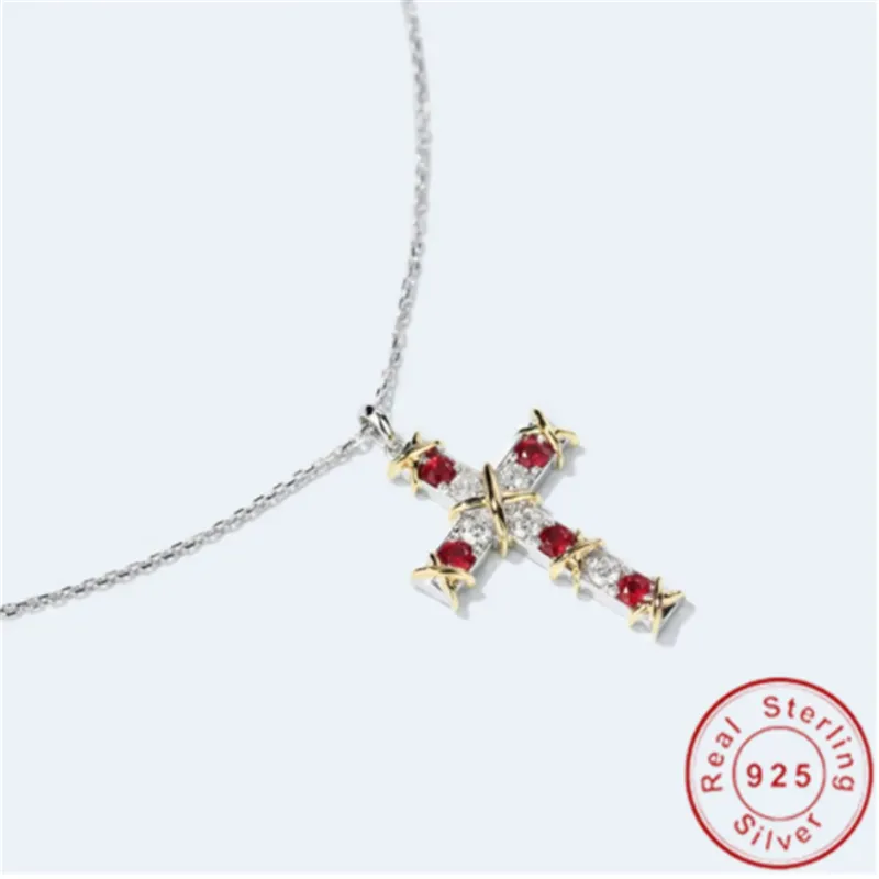 Pendentif croix en diamant rubis simple, en argent Sterling 925 véritable, pendentif de fête de mariage, collier pour femmes et hommes, bijoux moissanite, cadeau 313D