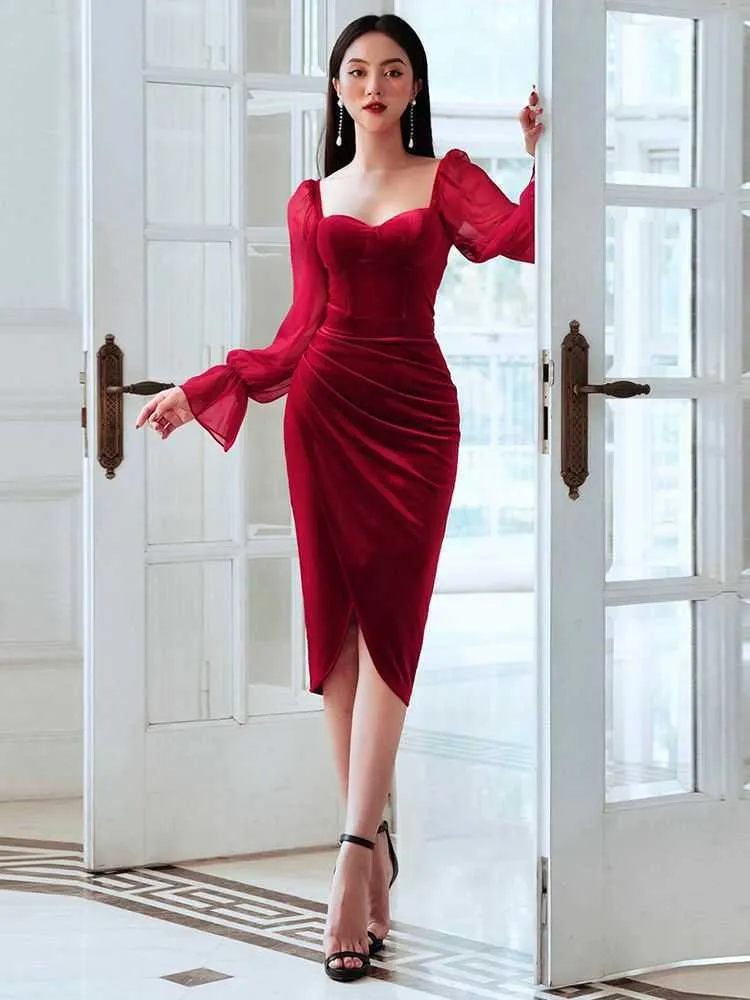 Летние женщины красные кружева MIDI платье сексуальное длинное рукавом бархатное мешок бедро платье мода клуб знаменитость взлетно-посадочная полоса вечеринка леди платье 210625