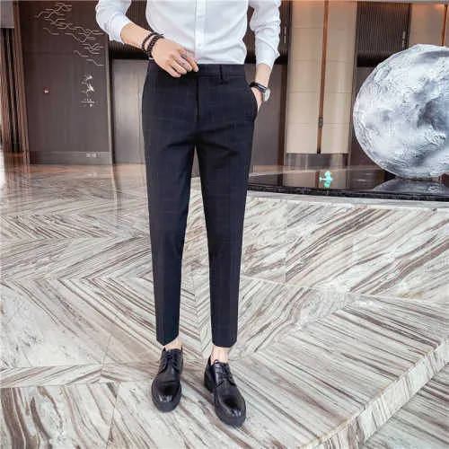 Slim Fit Plaid Business Slim Tapered Dress Pants For Men Ankle
