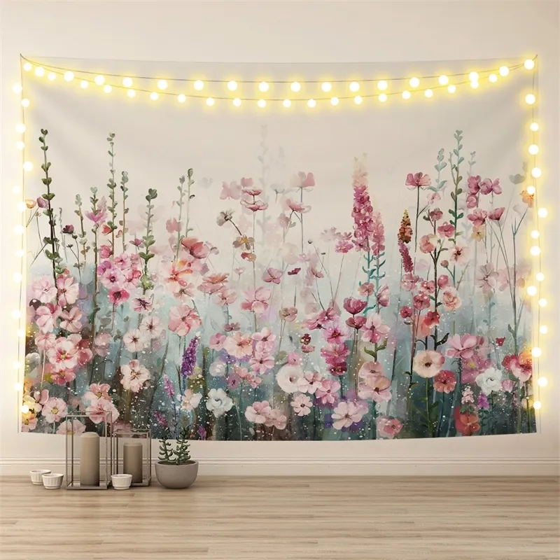 ピンクの花タペストリーの壁掛けカラフルな花の植物のタペストリーのための北欧の寝室のリビングルーム家の装飾200x150 cm 210310