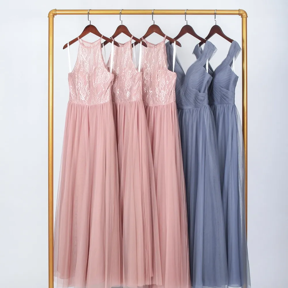 Long Tulle Lace Wedding Party Dress 2021 A Line Halter Neck Dusty Blue Pink Bridesmaid Dresses Beach Garden Honor of Maid Formal Event Sleeveless Floor Length