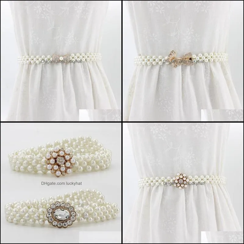 Korean Pearl Thin Waist Chain Fashion Elastic Belt For Women Female Rhinestone Waistband Dress Decorative Accessories Belts