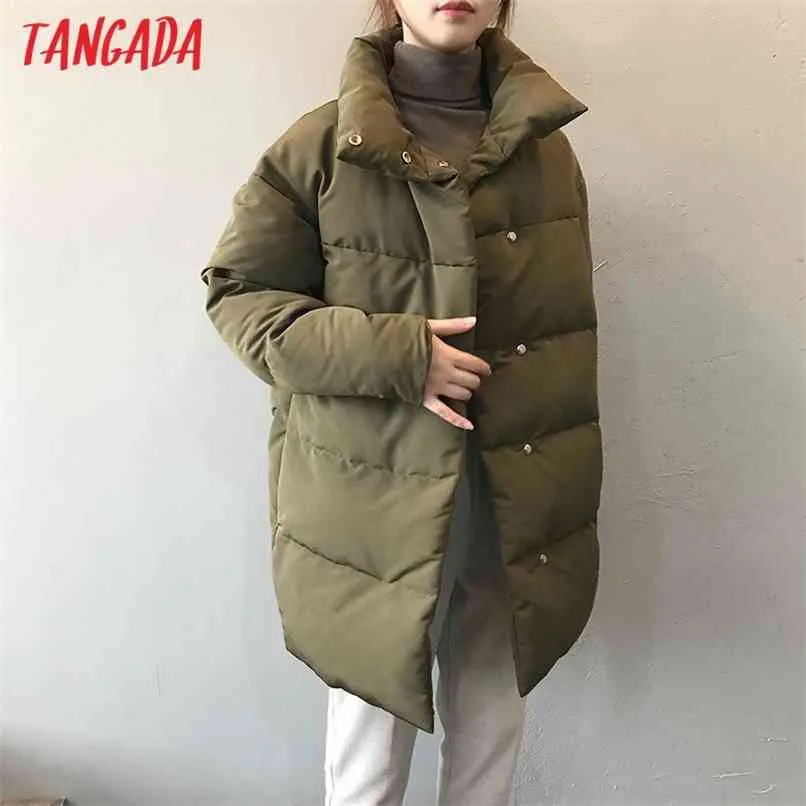 Tangada Kvinnor Amy Green Oversize Long Parkas Tjock Vinter Långärmad Knappar Fickor Kvinnlig Varm Coat ASF73 210918