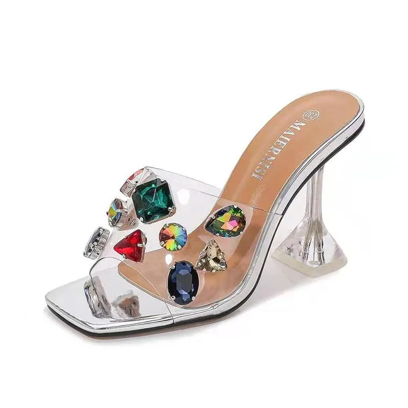 Fashion Summer Crystal Diamond Slides Clear PVC Transparent Sandals Women Shoes Open Toe Thin Hihg Heels Mules Dress Pumps