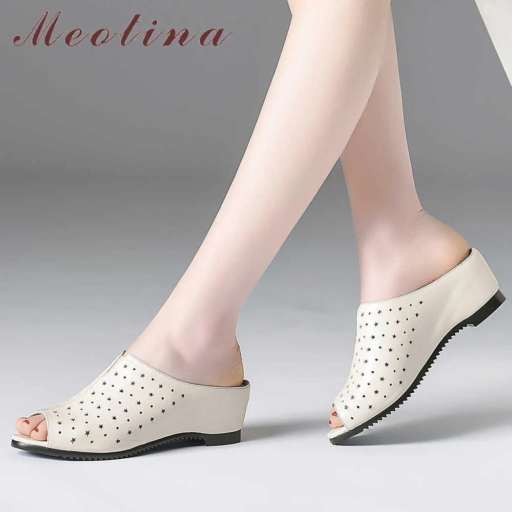 Meotina femmes chaussures été pantoufles en cuir véritable naturel chaussures à talons compensés en cuir de vache Peep Toe diapositives dames sandales taille 41 210608