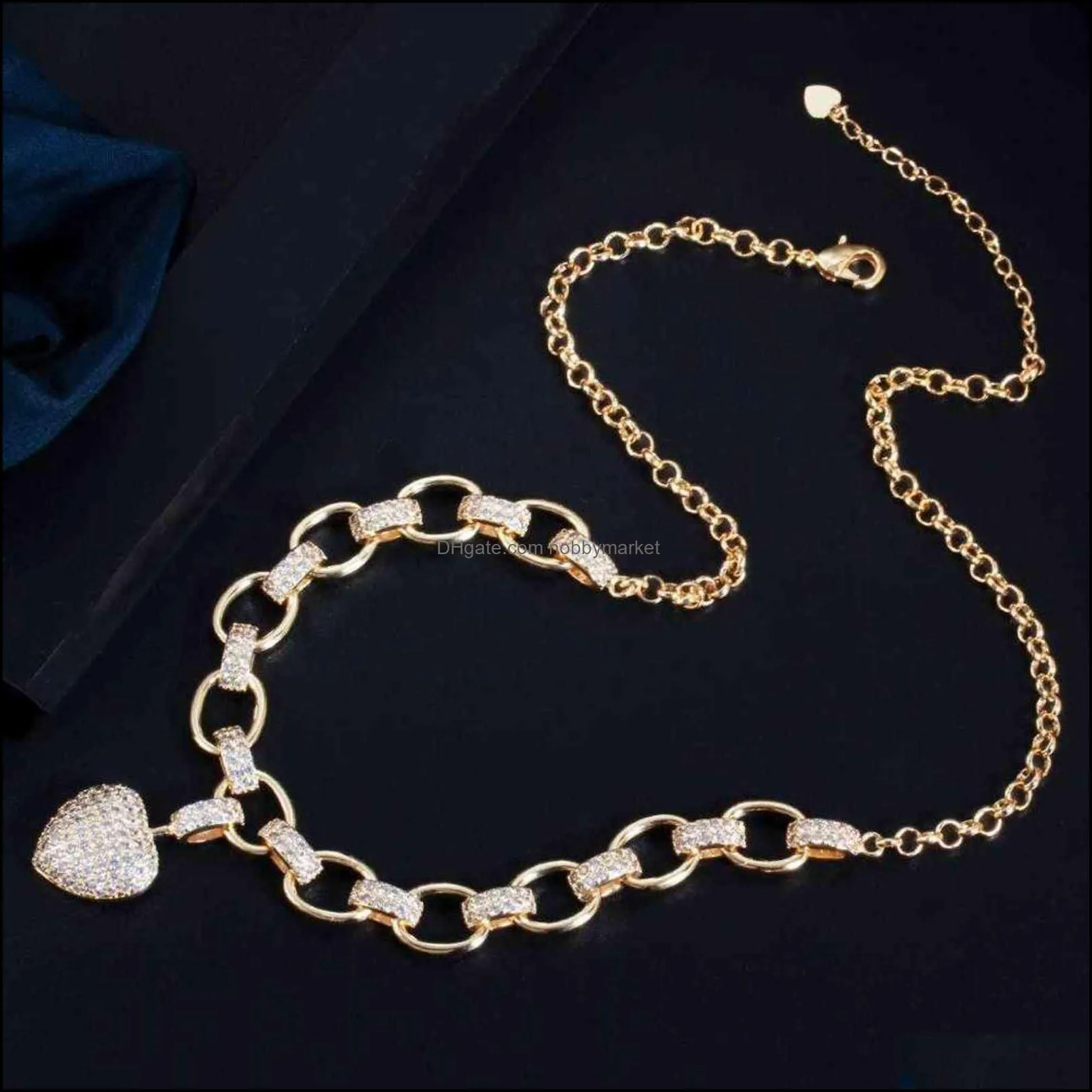 Cwwzircons Gold Color Cubic Zirconia Dangle Love Heart Shape Charm Bracelet Pendant Necklace Women Costume Jewelry Set T