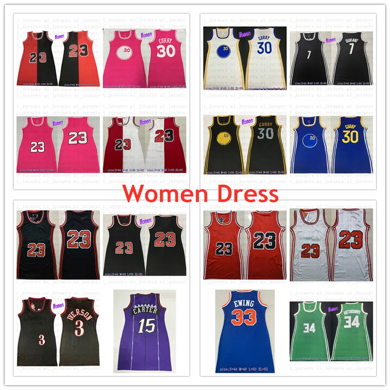 Women Dress Basketball 30 Curry 7 Durant 15 Carter 34 Antetokounmpo 3 Iverson Stitched Jerseys Factory Wholesale High-kvalitet S-XL
