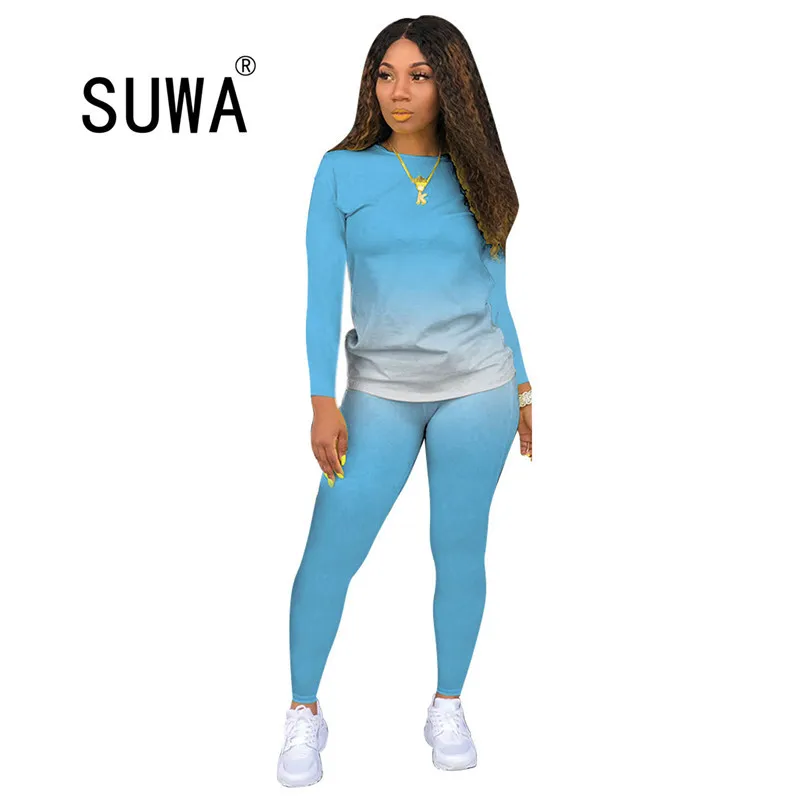 Women Two Piece Set Long Sleeve Tee Tops Skinny Sweatpants Stacked Joggers Suit Tracksuit Matching Sport Gradient Clothing 210525