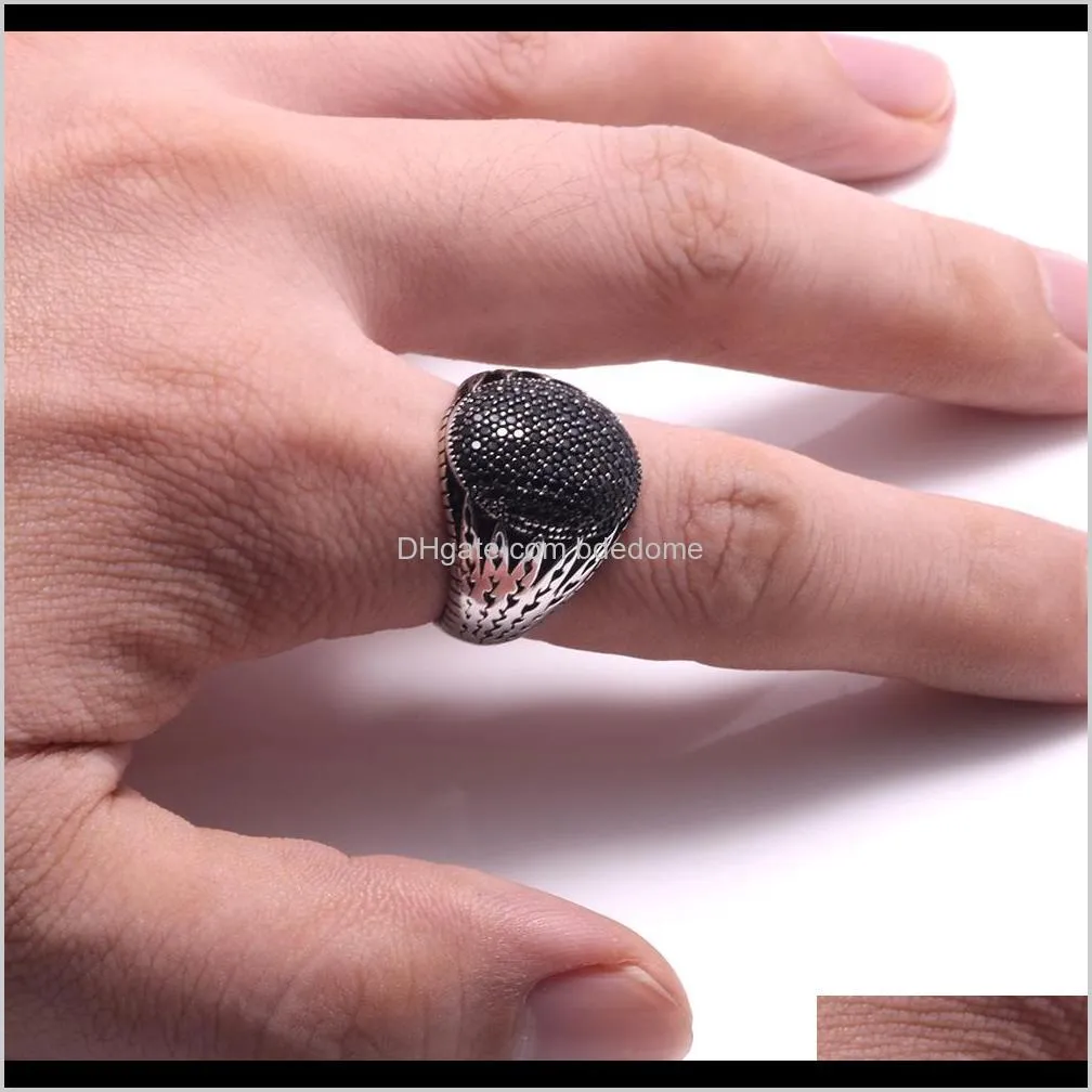 925 Sterling Silver Hollow Design Multi Black CZ Stones Inlaid Cocktail Rings For Men Oval Shape Turkey Jewelry