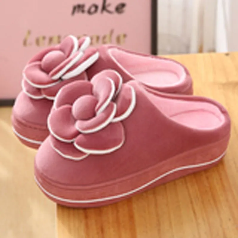 Hiver haut talon fleur coton pantoufles femme mode intérieure belle princesse ajouter velours épaississement chaussures chaudes