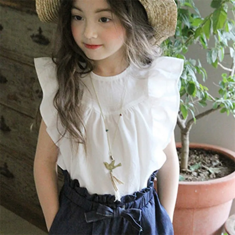 White Princess Ruffle Blouse Ålder För 3-10 Yrs Liten Flickor Sommar Kläder Kortärmad Toppar Ny Vår Söt Baby Tjejskjorta 210306