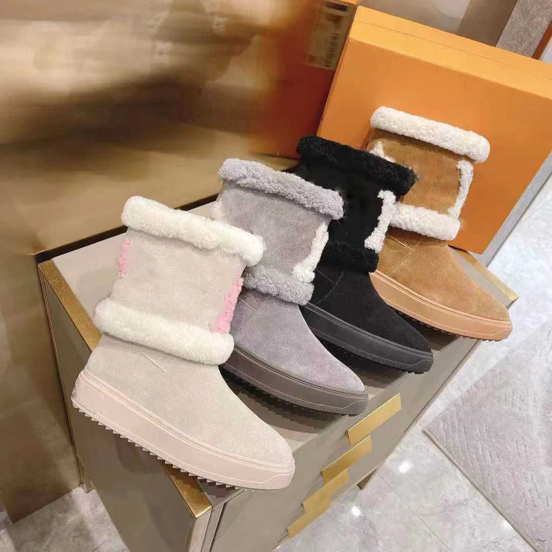 Designer Women Boots Snow Flowers Laureate Flat Casual Shoes Soft Winter Warm Girls Sheepskin Brown Black Shoe Plush Fur Half Ankle Boot Size 35-41