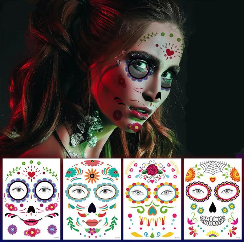 Tatuajes temporales Sudor a prueba de agua mascarada pegatinas de maquillaje divertidas Etiqueta engomada del tatuaje de la cara de Halloween arte corporal envío gratis 18pcs