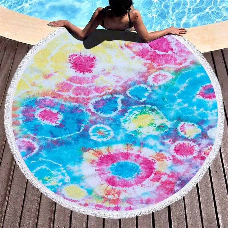 Tie Dye Beach Towel Round Cotton Rainbow Hippie Colors Printed Polyester Towels Fabric Water Absorption Bath Cover 150cm