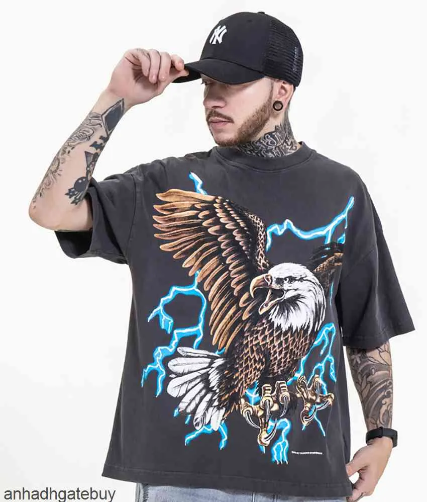 Summer High Street Casual t Shirt Tide Brand European and American Lightning Eagle Oversize Short-sleeved T-shirtV81D