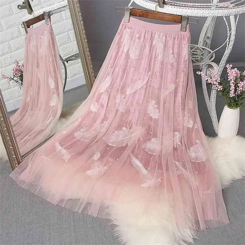 Yofeai Женская длинная юбка плиссированная талия Elascity Faldas вечеринка мода сетка свободная вышивка бисером высокий 210629