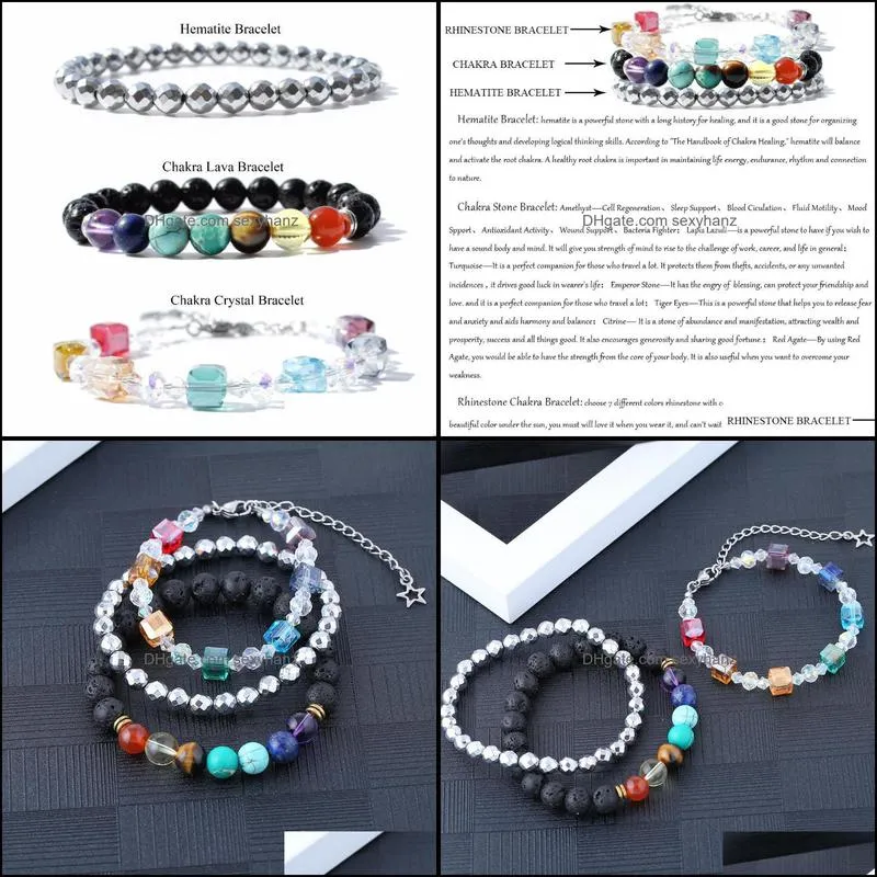 Natural Stone And Crystal Chakra Hematite Healing Balancing Lava Rock Diffuser Statement Bracelet Set For Women(3pcs A Set) Beaded,