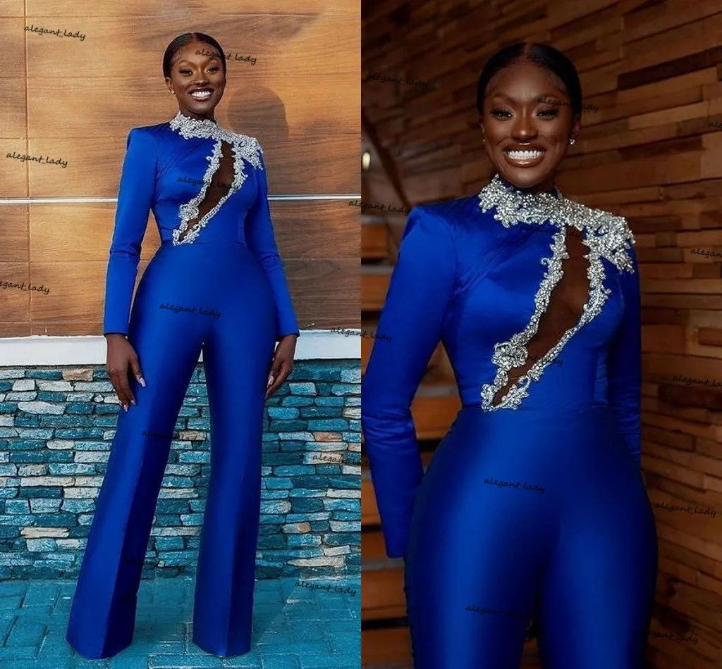 Royal Blue Satin Jumpsuit With High Collar And Long Sleeves For Prom,  Evening Party, And Floor Length Elegant Evening Trousers From Alegant_lady,  $113.38