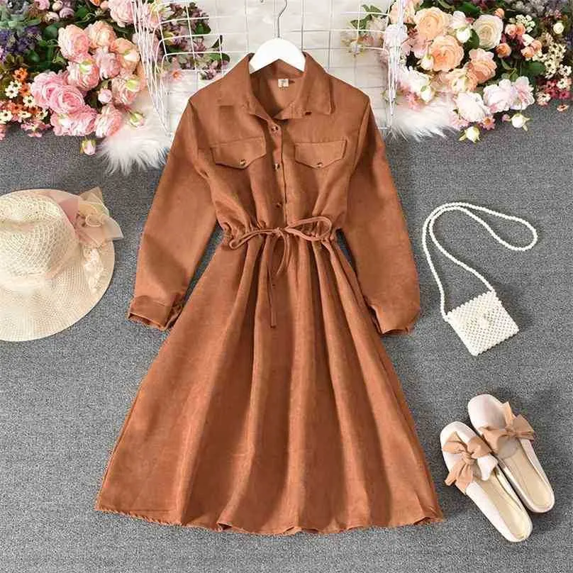 Automne Hiver Vintage Robe Mode Femmes Slim Taille Haute A-ligne Corduroy es Dames Casual Blouse Robes Mujer 210525