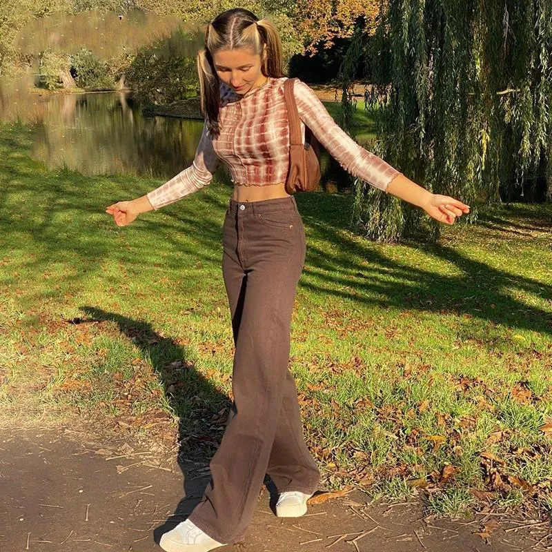 Jean marron femme top taille haute