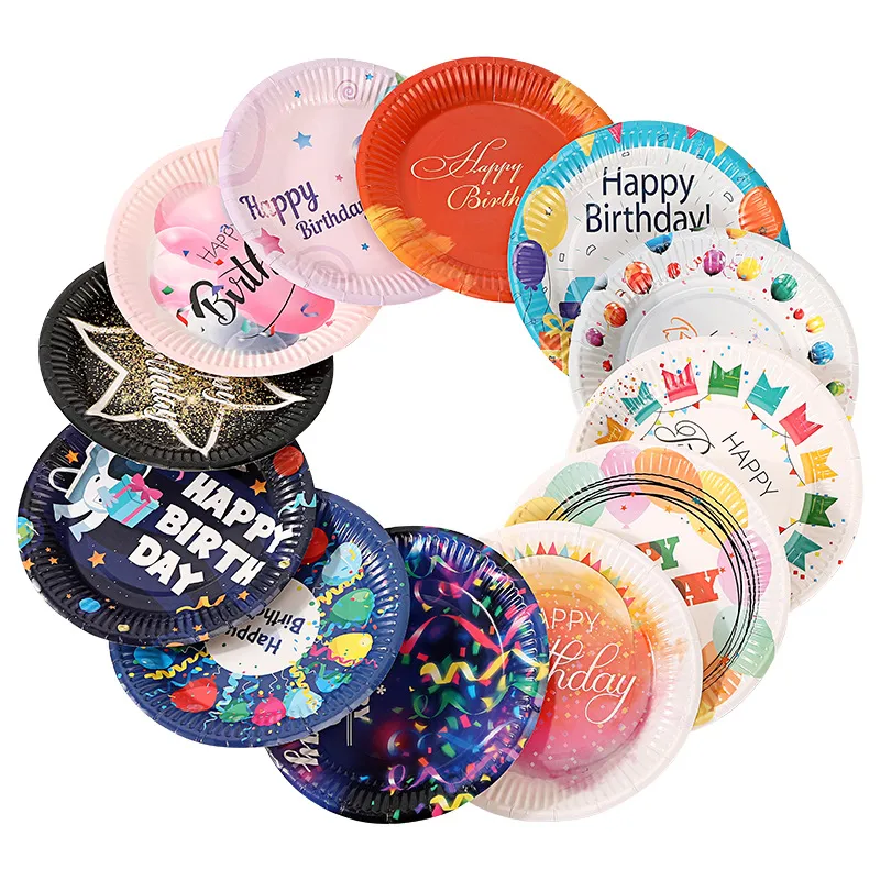 Happy Birthday Disposable Paper Plate Set 10pcs 7 Inches Party Tableware Cake Fruit Candy Tray