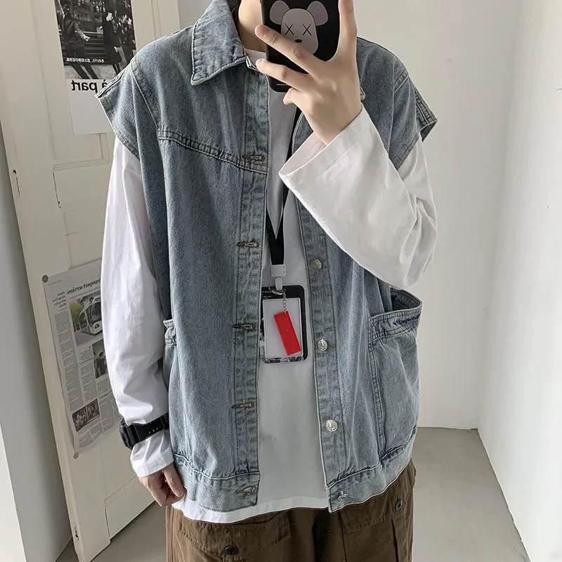 Men's Jackets Spring And Autumn Denim Waistcoat Loose Korean-Style Vest Sleeveless Tooling Jacket Leisure Fashion Coat