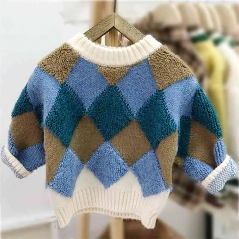 子供の赤ちゃん男の子女の子のセーターブロック冬のニット子供プルオーバーカジュアルな服3-7 210528