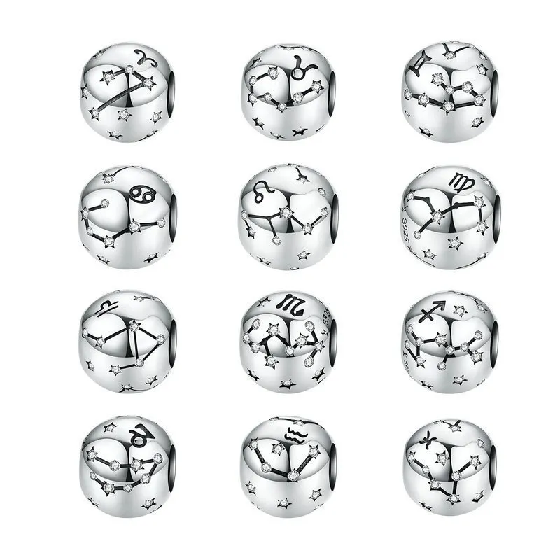 SA SILVERAGE Twelve Constellations Sterling Silver Beads DIY Beading Bracelet Ornament 925 Sterling Beads for Jewelry Making Q0531