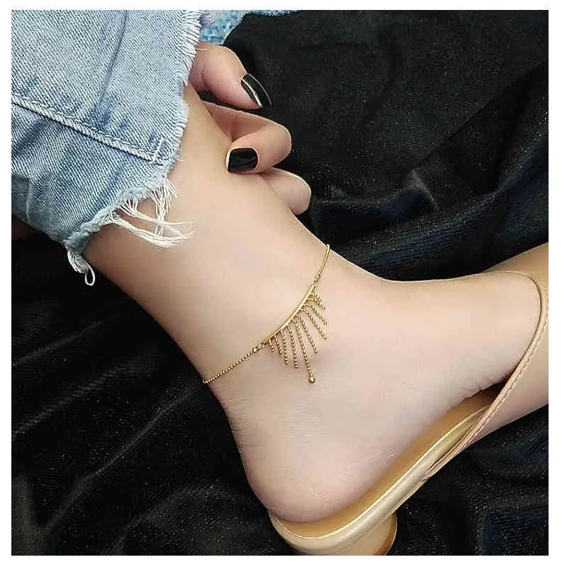 Amaiyllis 18K Gold Kralen Koude Wind Tassel Multilayer Bead Chain Wild Anklet Accessoires voor Vrouwelijke Zomer Sieraden