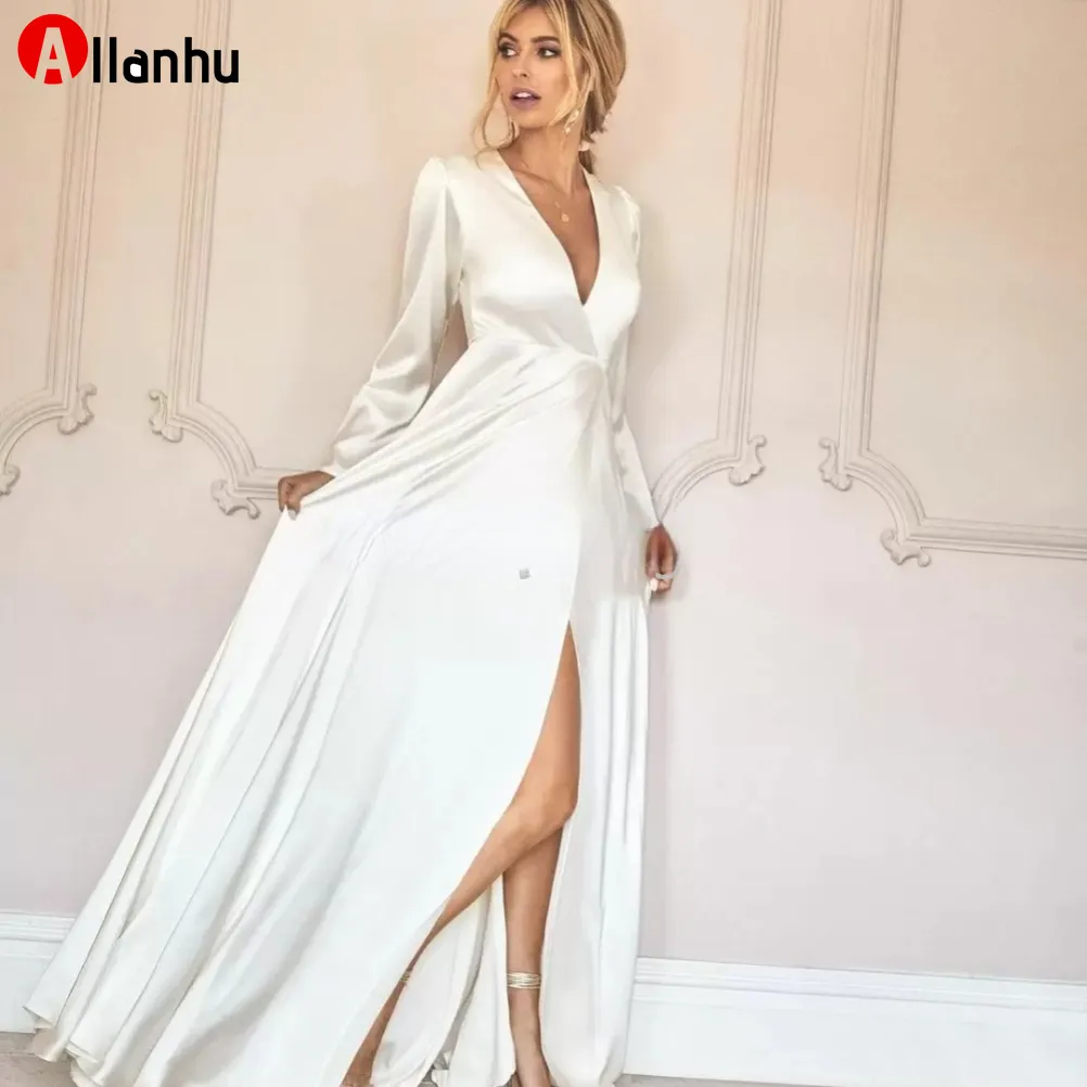 2022 Longa Longa Um Vestido de Noiva para Noiva Manga Completa V Pescoço Vestidos De Noiva Sexy Split Frente Vestidos de Novia Longo Boho Beach Vestidos DD