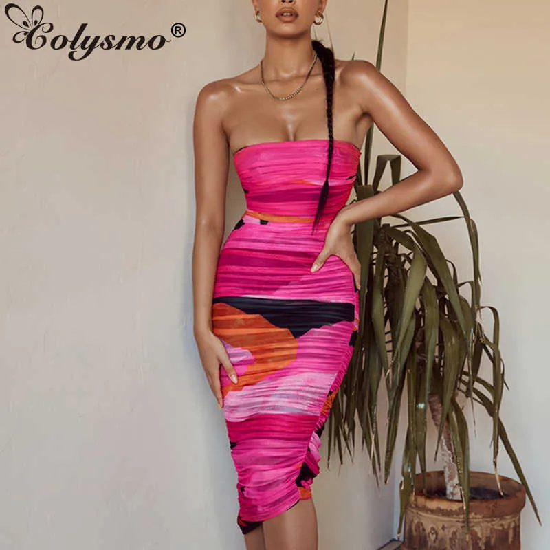 Colysmo Imprimir Malha Vestido Mulheres Sexy Off Ombro Ruched Bodycon es Verão Slim Fit Beach Club Wear Party Midi 210527